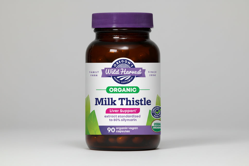 Oregon's Wild Harvest Organic Milk Thistle supplement bottle with purple cap