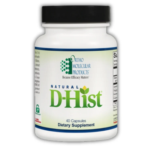 A white plastic bottle of Ortho Molecular Products Natural D-Hist dietary supplement with a black cap, isolated on a white background.