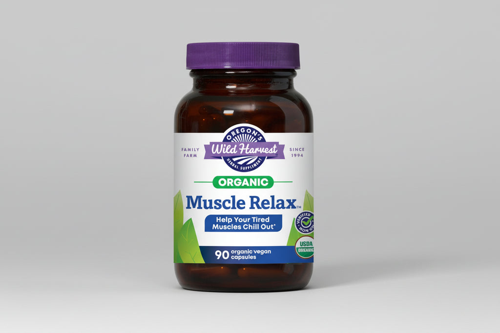 Oregon's Wild Harvest Organic Muscle Relax supplement bottle with purple cap