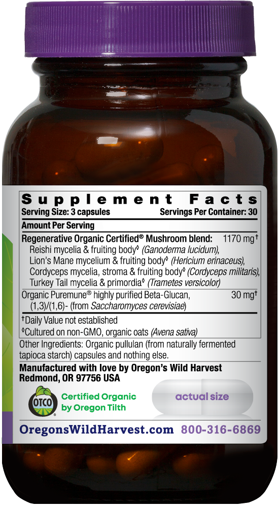 Oregon's Wild Harvest Mushroom Blend Regenerative Organic 90 Capsules right side