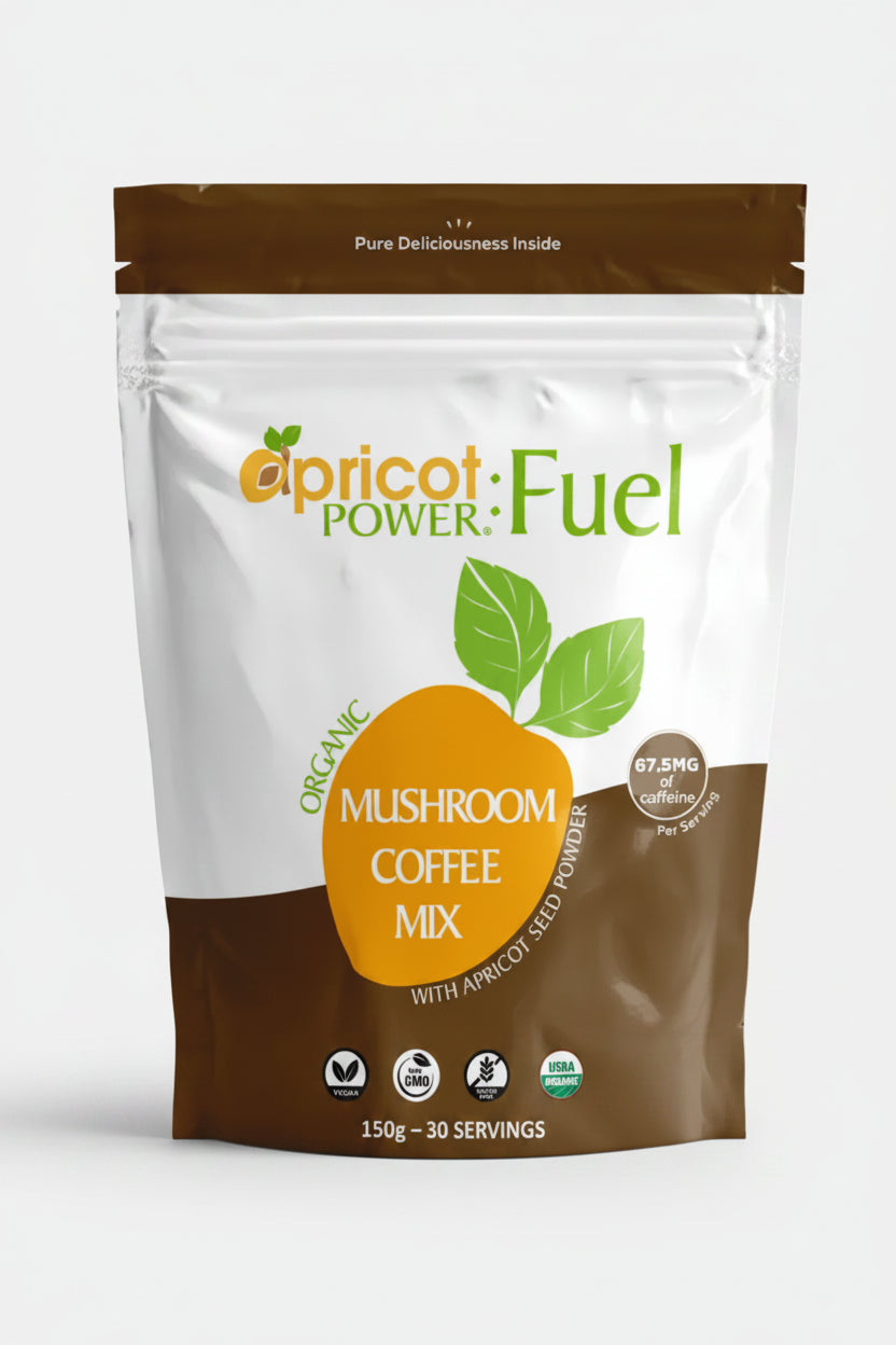 Package of Apricot Power Fuel Mushroom Coffee Mix on a white background