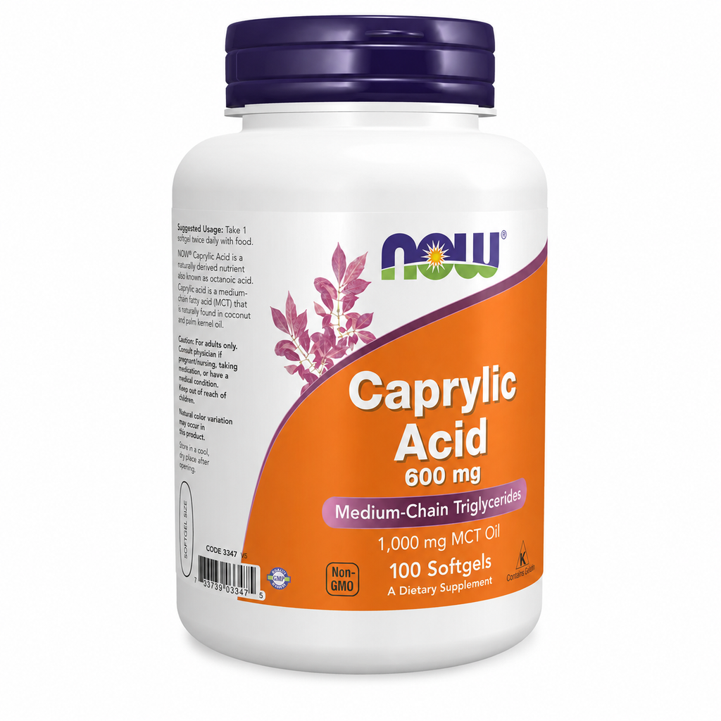 A white plastic bottle of NOW Caprylic Acid 600 mg softgels with a dark purple cap and an orange label, shown on a plain white background.