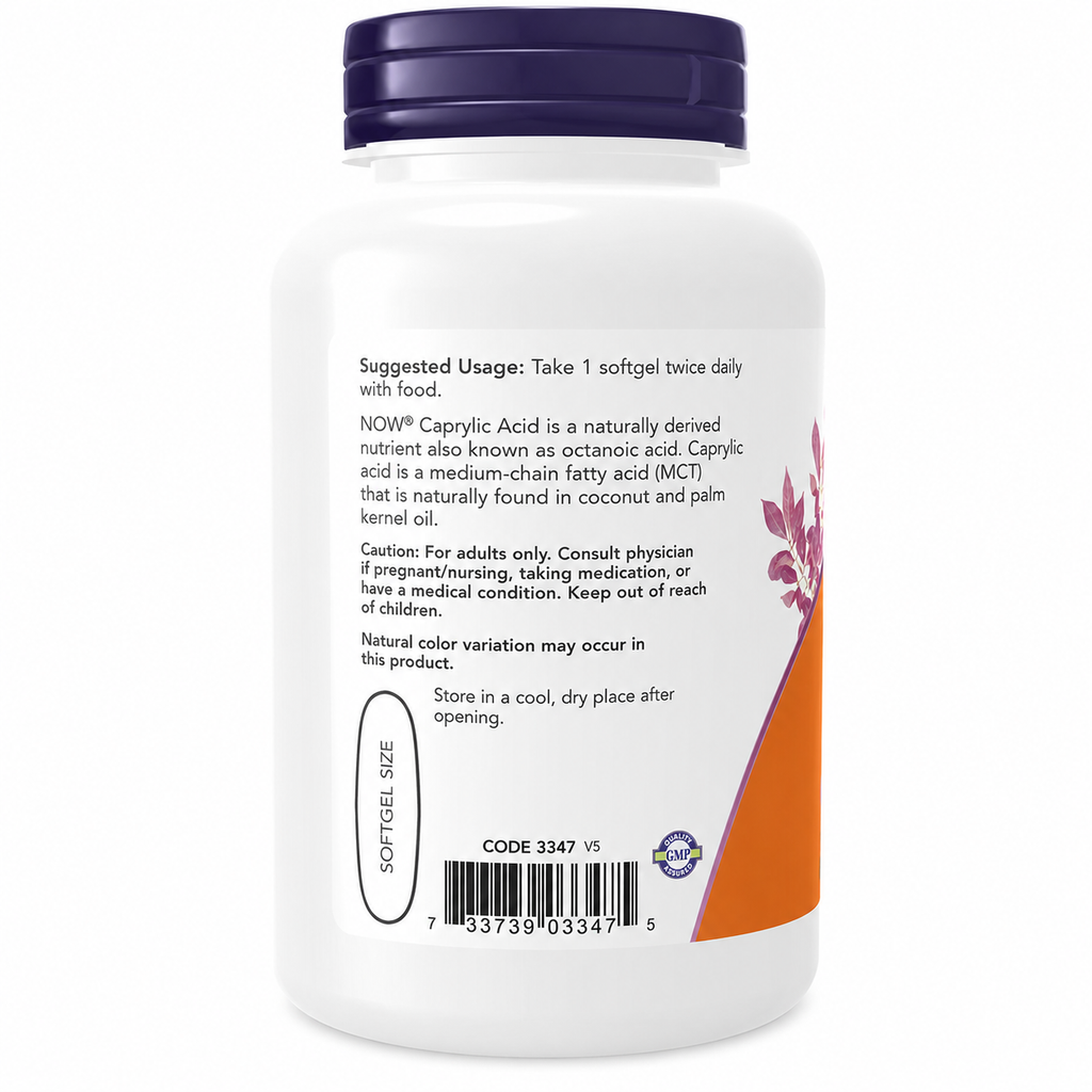 A white bottle of NOW brand Softgel Size caprylic acid softgels, showing the back of the label with usage instructions, a barcode, and an orange and purple graphic accent on a white background.