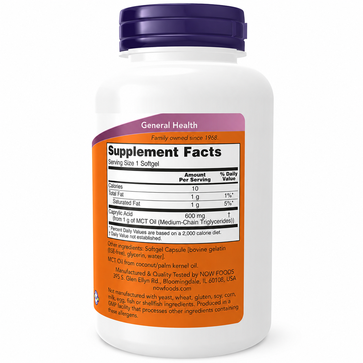 A white plastic bottle of General Health supplement capsules with a dark purple cap and a prominent orange label showing the Supplement Facts panel.
