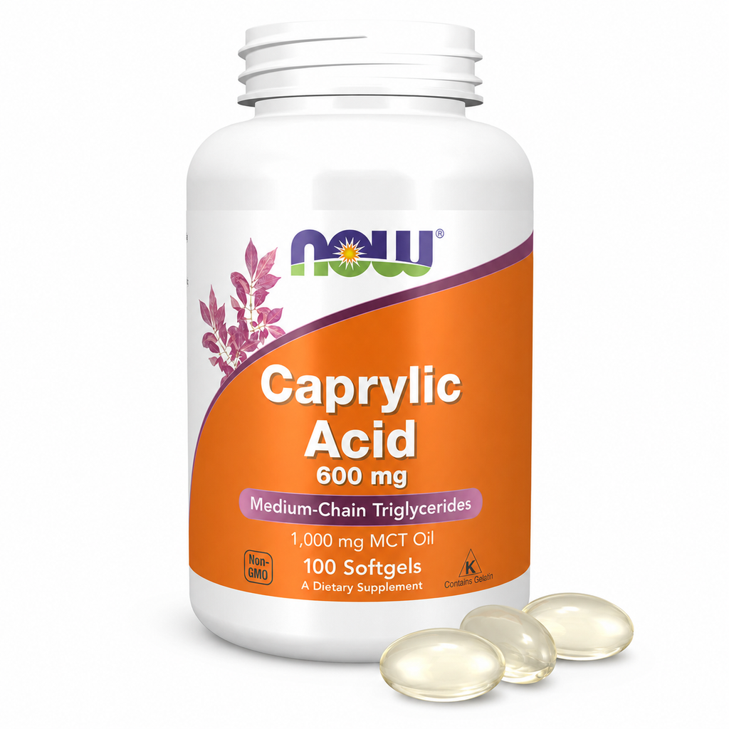 A white bottle of NOW Caprylic Acid 600 mg dietary supplement with an orange label, shown with three clear softgel capsules in front on a white background.