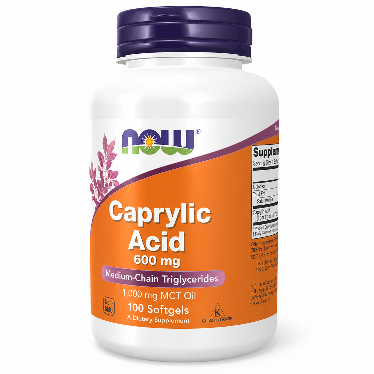A white plastic bottle of NOW Caprylic Acid 600 mg dietary supplement with a dark purple cap and an orange label, shown on a white background.