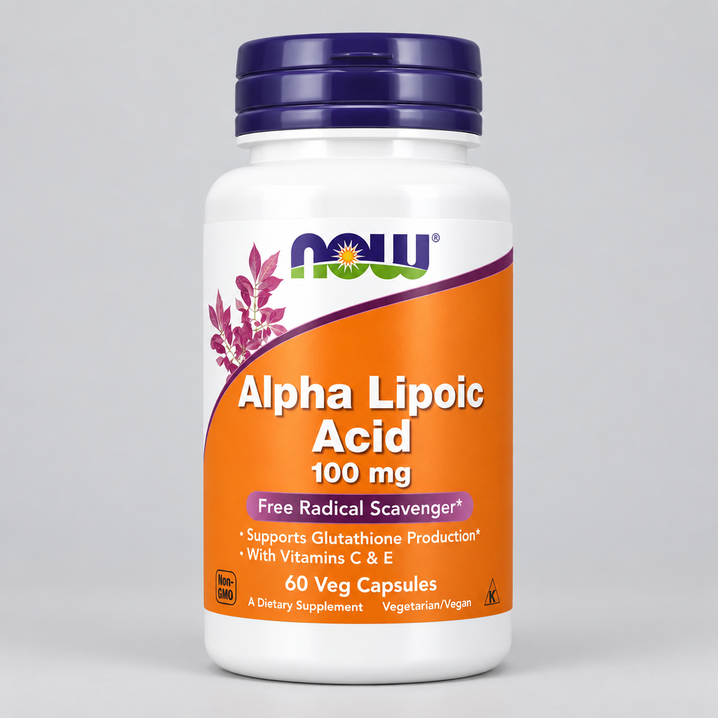 Supplement bottle of Alpha Lipoic Acid 100 mg with NOW brand on a white background
