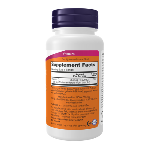 Supplement bottle with purple cap and orange label on a white background