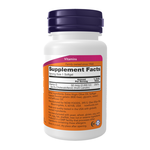 Supplement bottle with purple cap and orange label on a white background