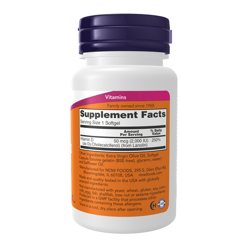 Supplement bottle with purple cap and orange label on a white background