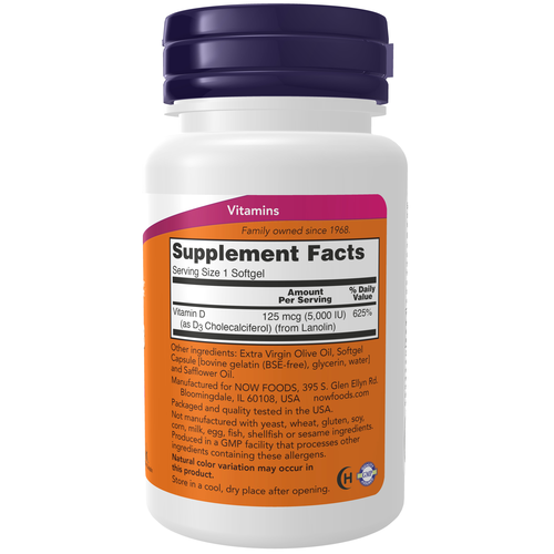 Supplement bottle with purple cap and orange label on a white background