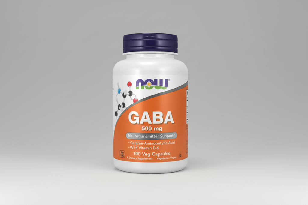 Supplement bottle labeled 'GABA 500 mg' with NOW brand on a white background