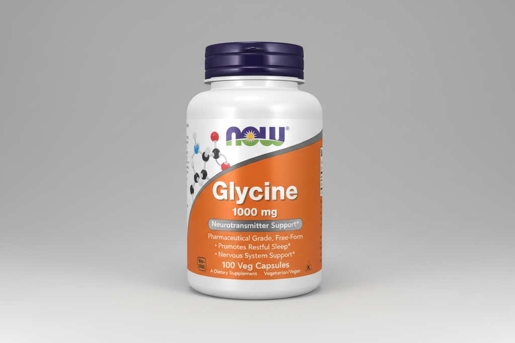 Supplement bottle labeled 'Glycine 1000 mg' with NOW brand on a white background