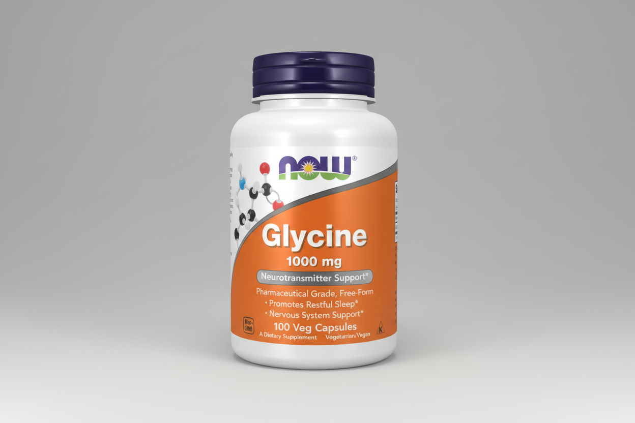 Supplement bottle labeled 'Glycine 1000 mg' with NOW brand on a white background