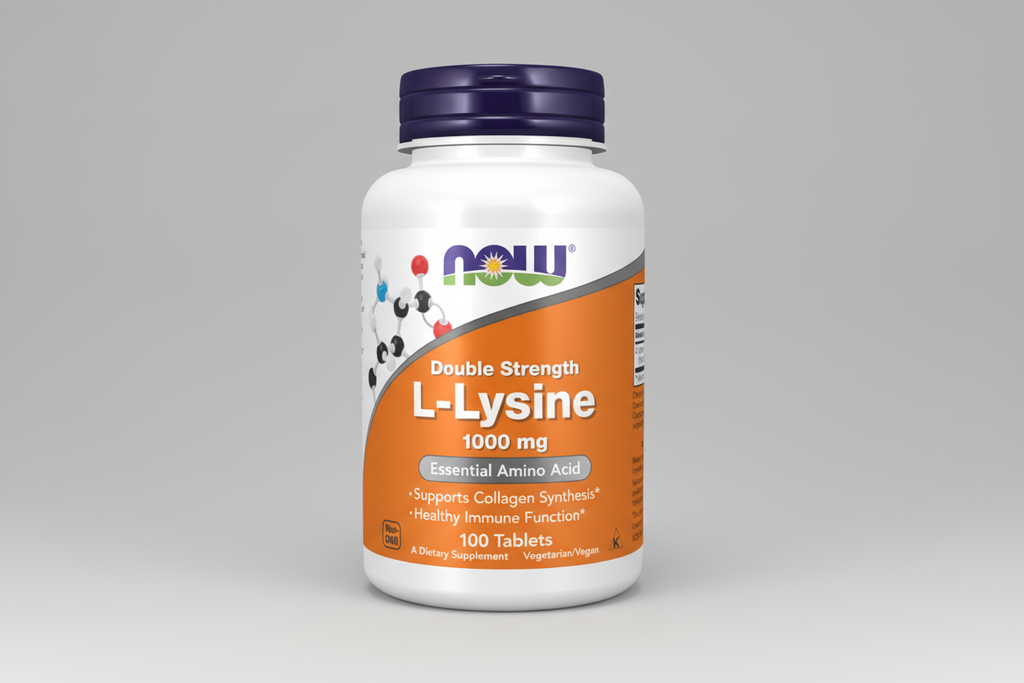Supplement bottle of Double Strength L-Lysine 1000 mg with NOW brand on a white background