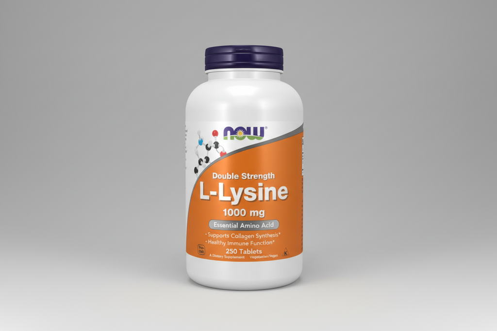 Supplement bottle labeled 'Double Strength L-Lysine 1000 mg' by NOW on a white background