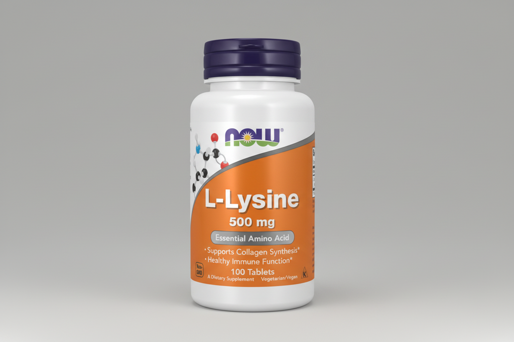 Supplement bottle labeled 'L-Lysine 500 mg' with NOW brand on a white background