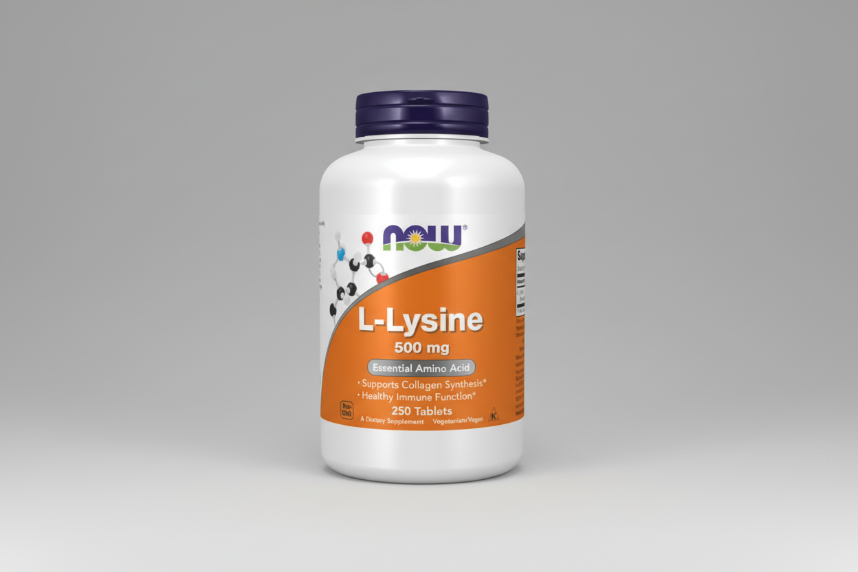 Supplement bottle of L-Lysine 500 mg with NOW brand on a white background