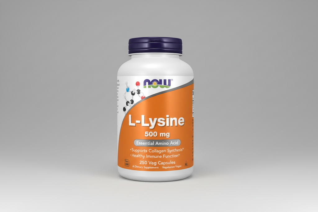Supplement bottle labeled 'L-Lysine 500 mg' with NOW brand on a white background