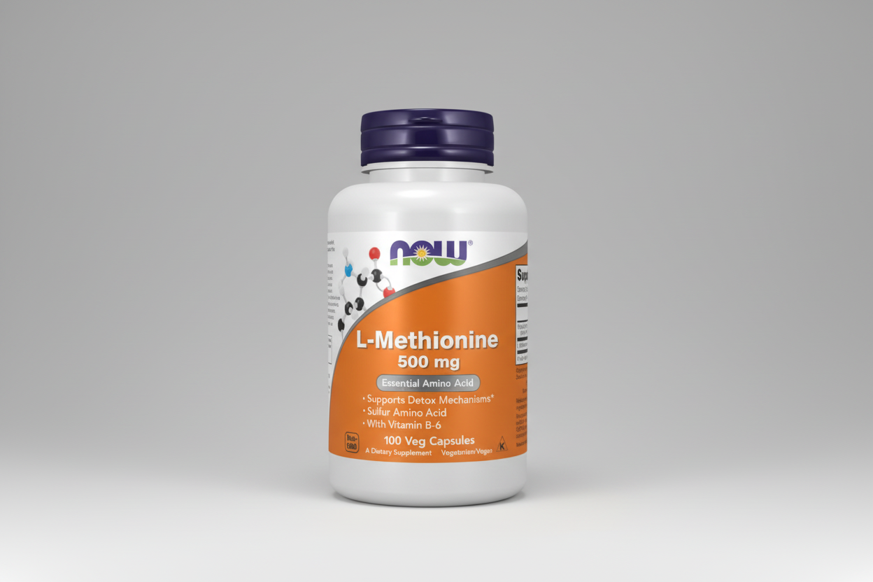 Supplement bottle labeled 'L-Methionine 500 mg' by NOW on a white background