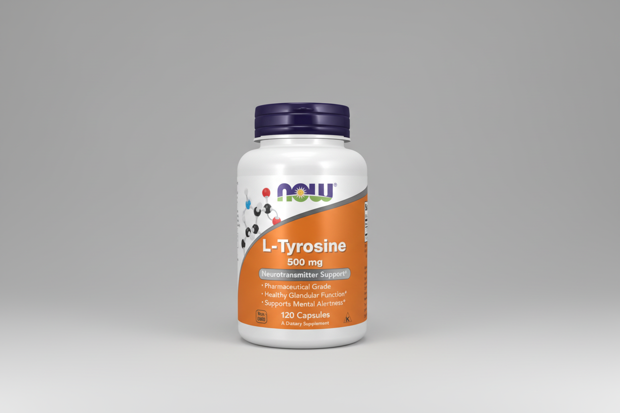 Supplement bottle of L-Tyrosine 500 mg with NOW brand on a white background