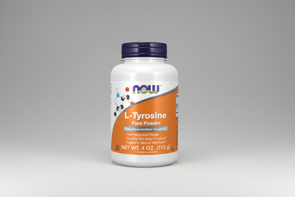 Supplement bottle labeled 'L-Tyrosine Pure Powder' by NOW on a white background