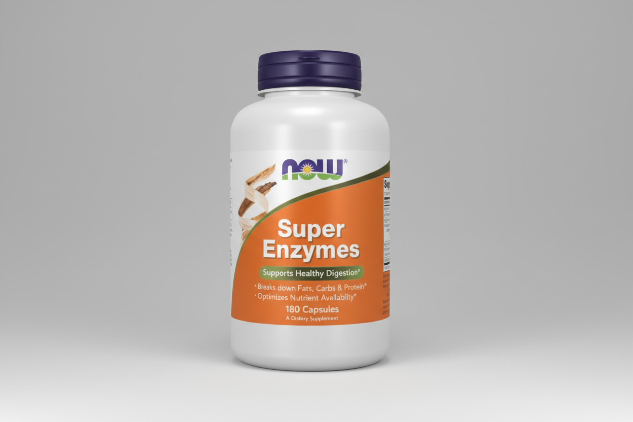 Supplement bottle labeled 'Super Enzymes' by NOW on a white background