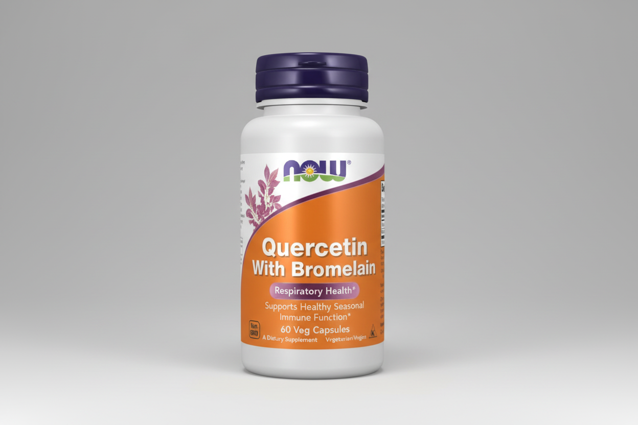 Supplement bottle labeled 'Quercetin with Bromelain' by NOW on a white background