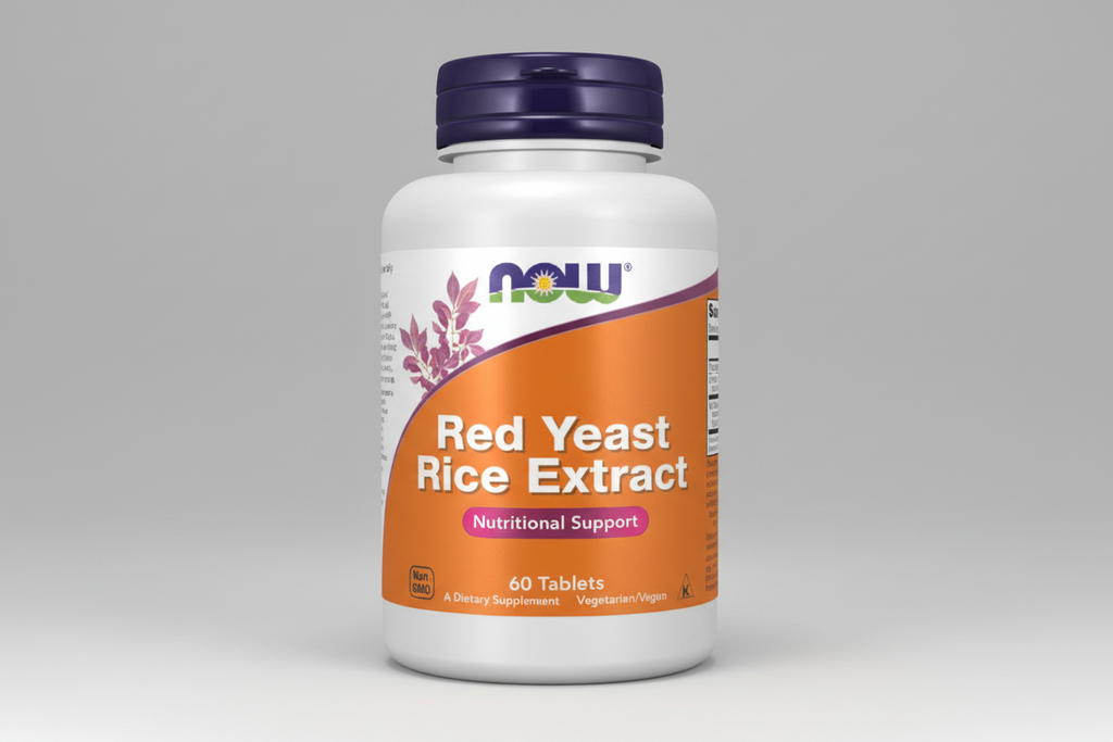 Supplement bottle labeled 'Red Yeast Rice Extract' with NOW brand on a white background