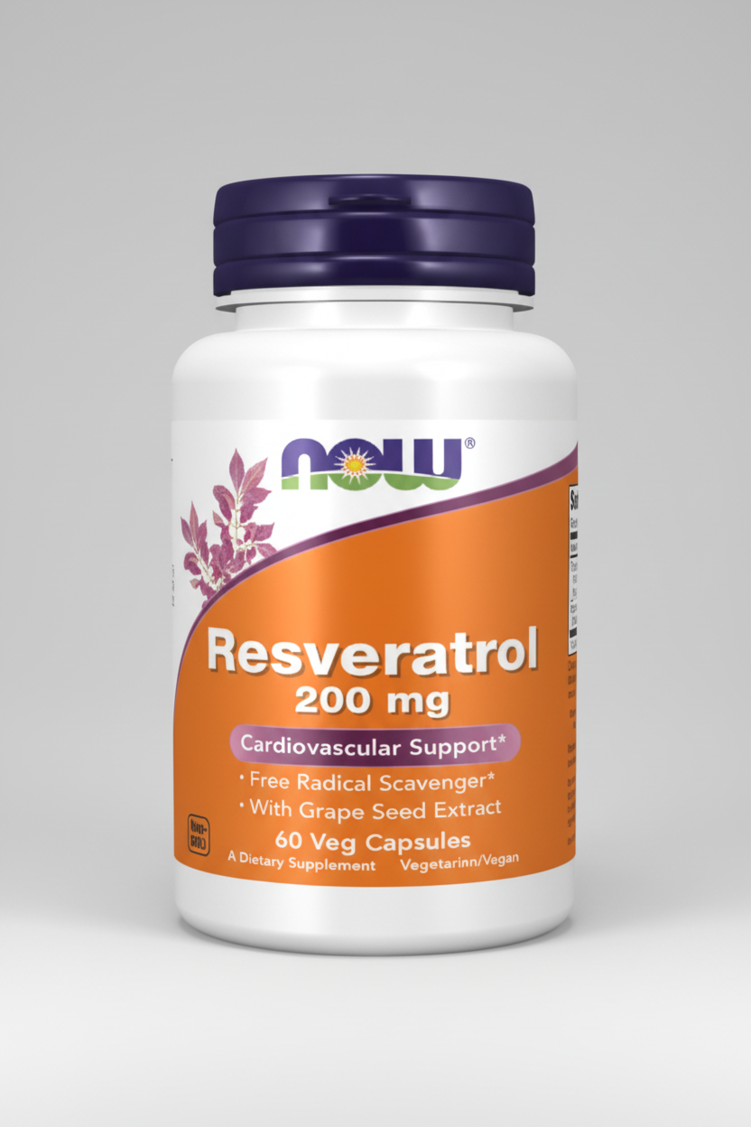 Supplement bottle labeled 'Resveratrol 200 mg' with NOW brand on an orange and white background.