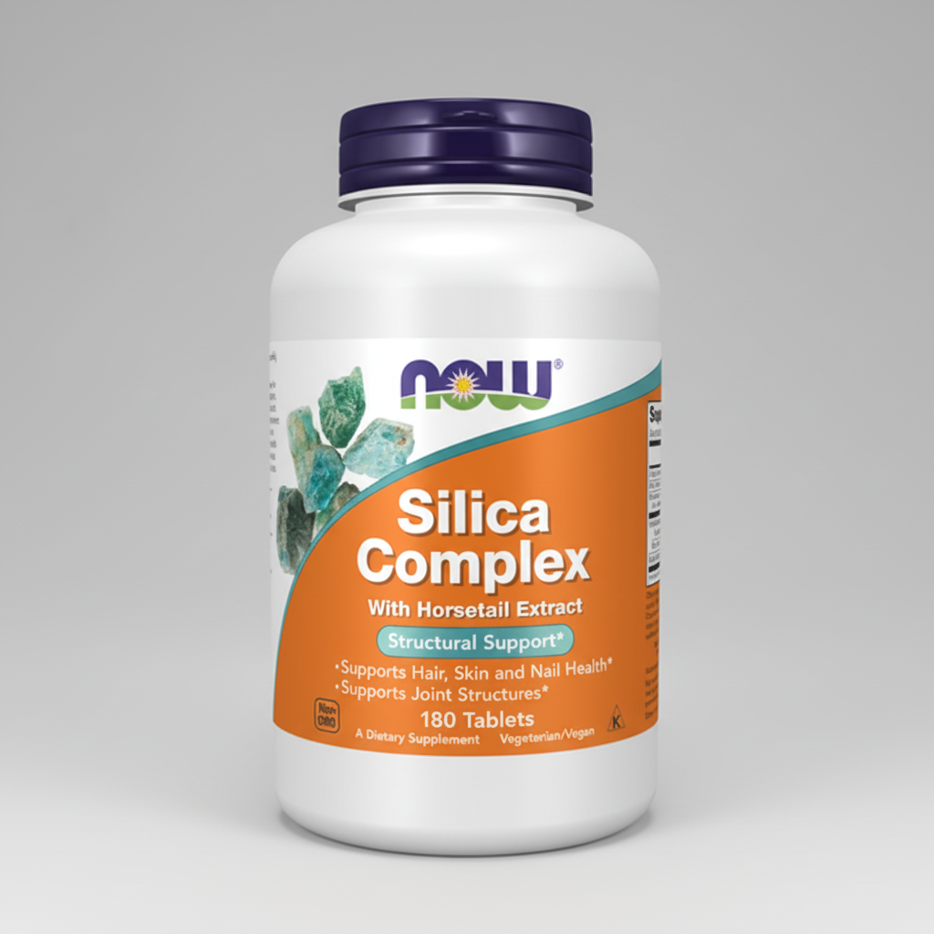 Supplement bottle labeled 'Silica Complex' with Now Foods branding on a white background