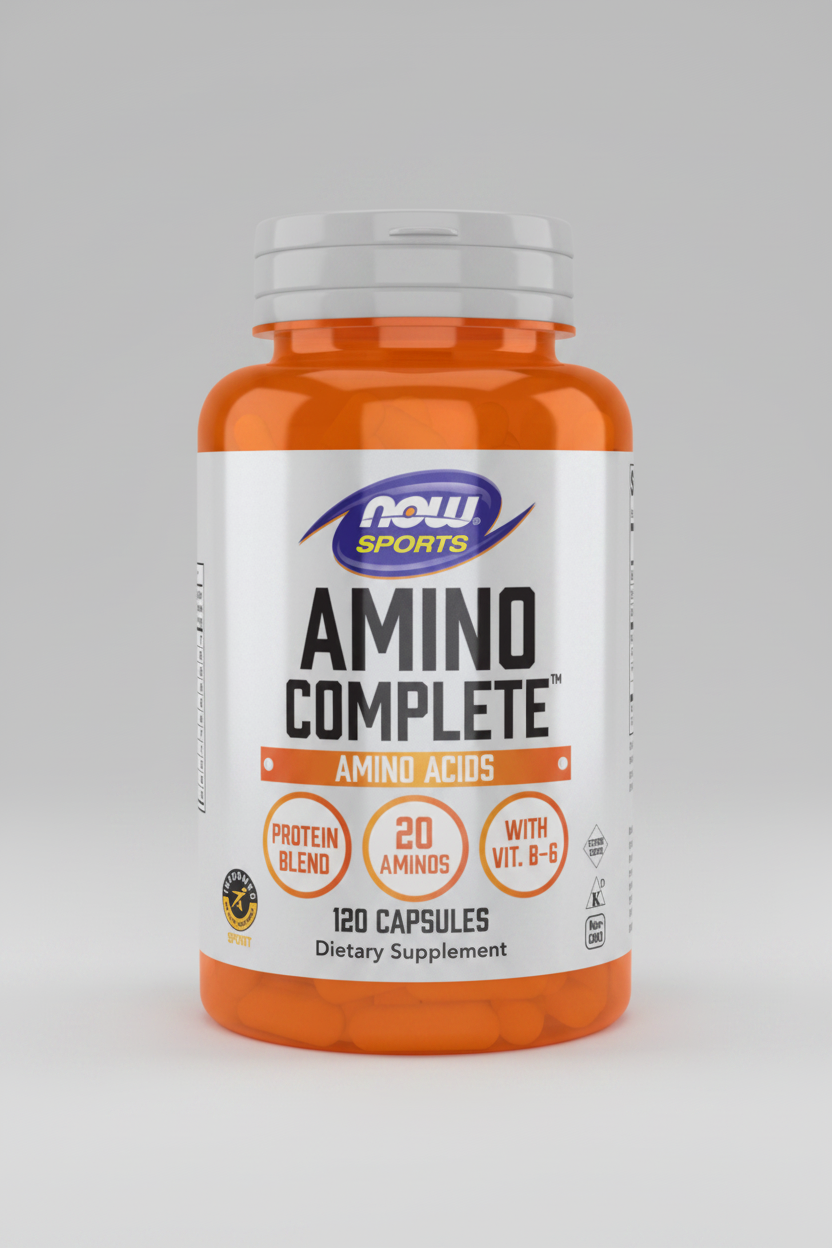 Supplement bottle labeled 'Amino Complete' by NOW Sports on a white background
