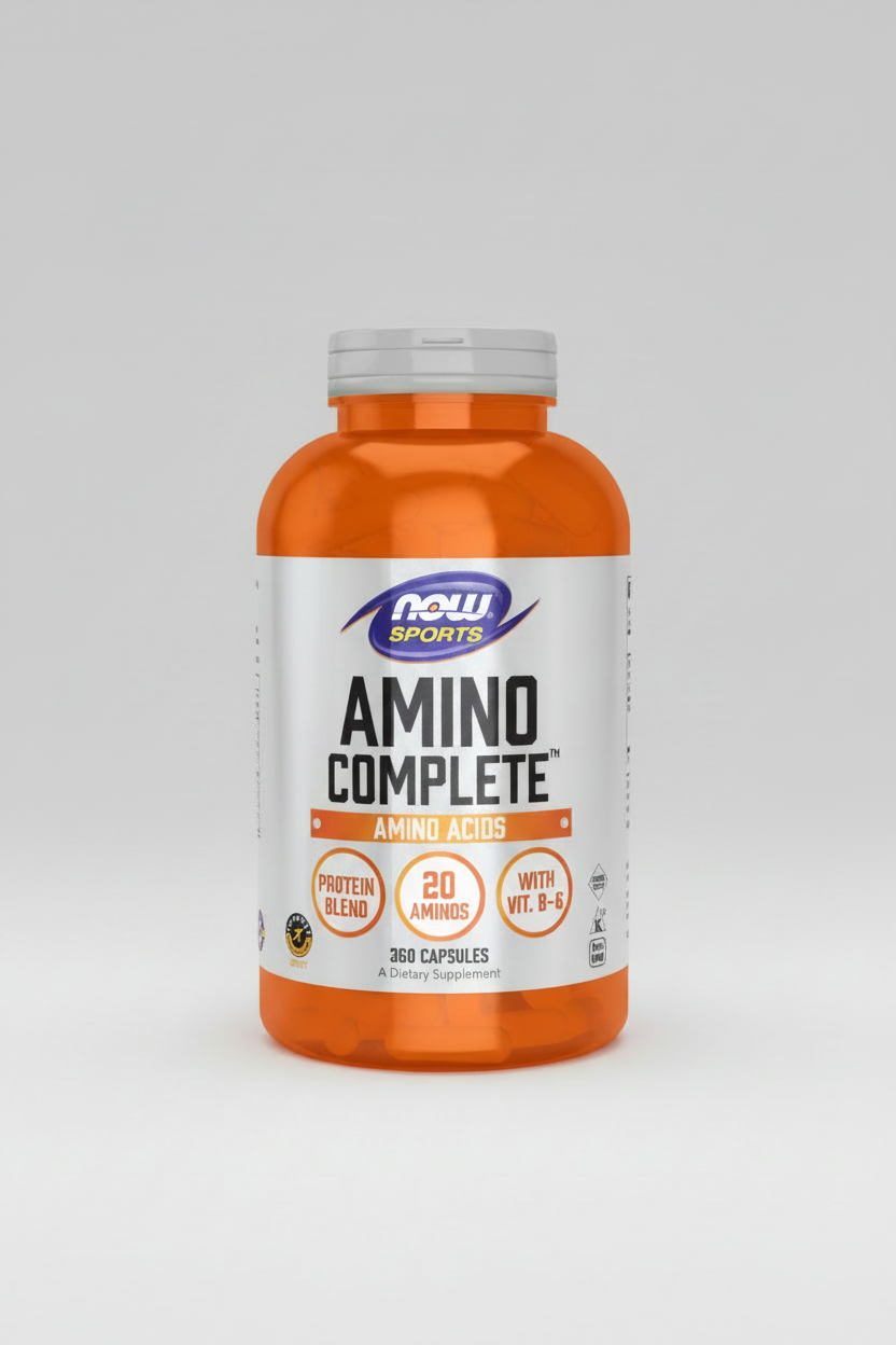 Supplement bottle labeled 'Amino Complete' by NOW Sports on a white background