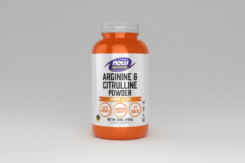 Supplement bottle labeled 'Arginine & Citrulline Powder' by NOW Sports on a white background