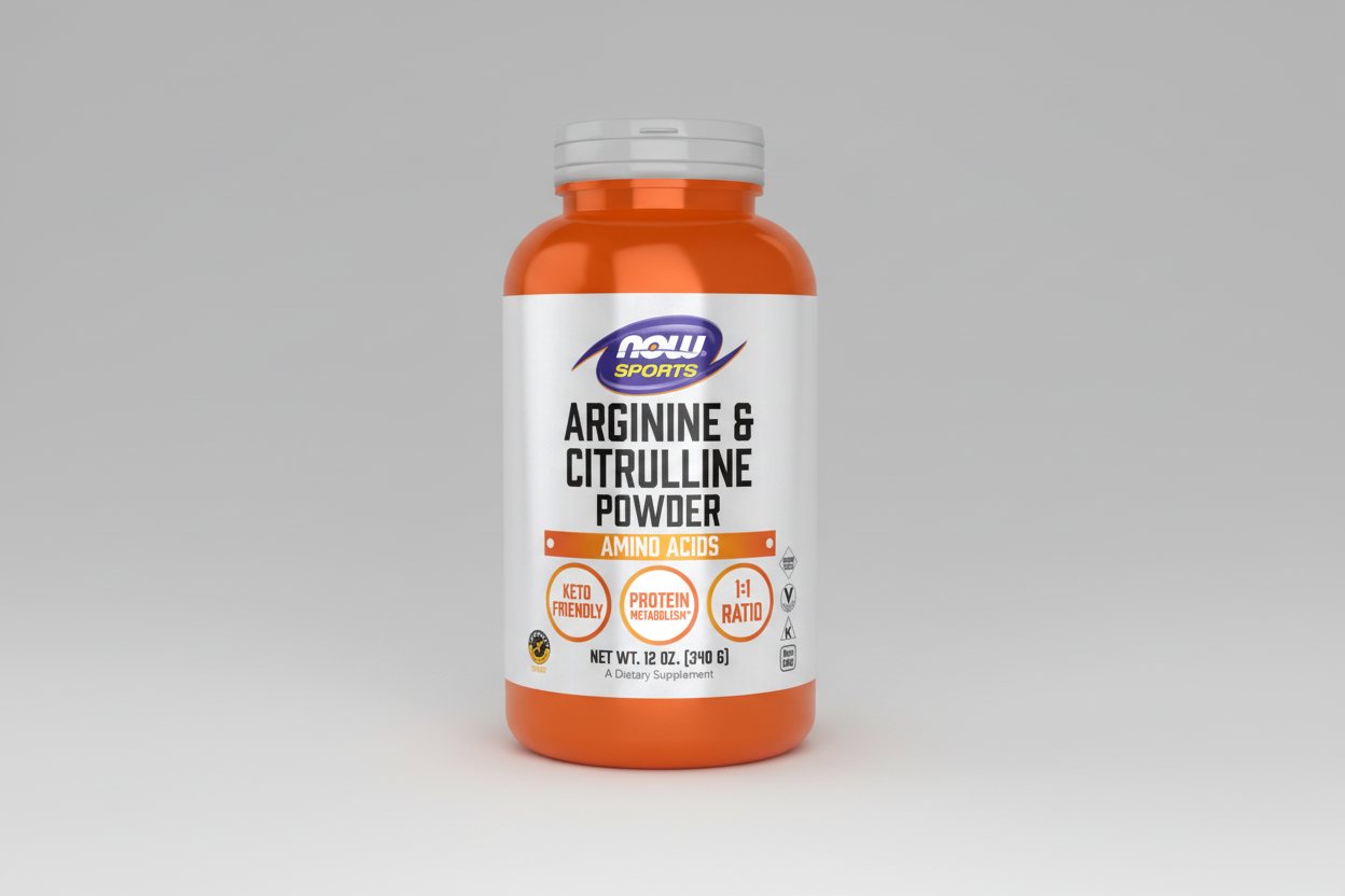 Supplement bottle labeled 'Arginine & Citrulline Powder' by NOW Sports on a white background
