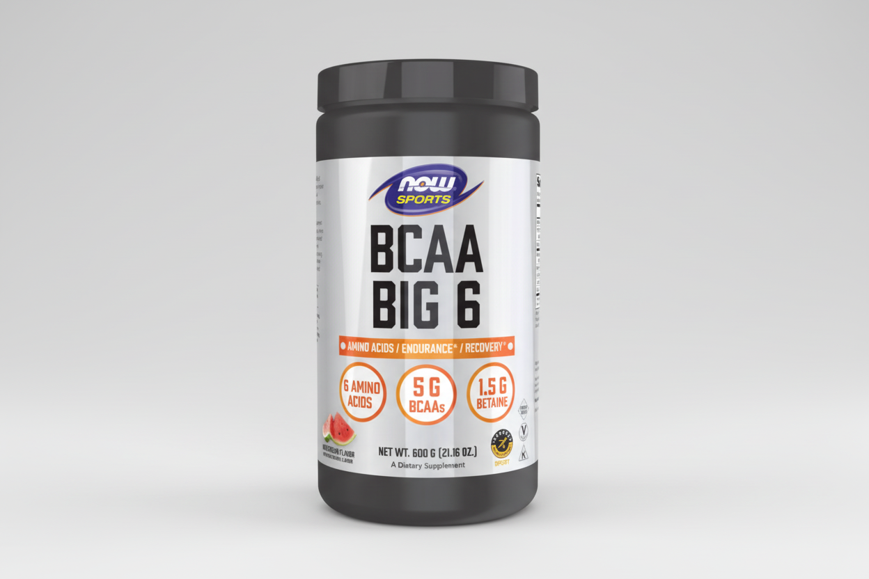 Supplement container labeled 'BCAA BIG 6' by NOW Sports on a white background