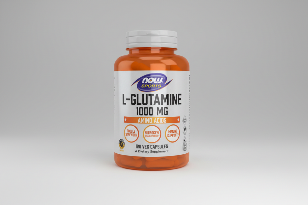 Supplement bottle labeled 'L-Glutamine 1000 MG' by Now Sports on a white background