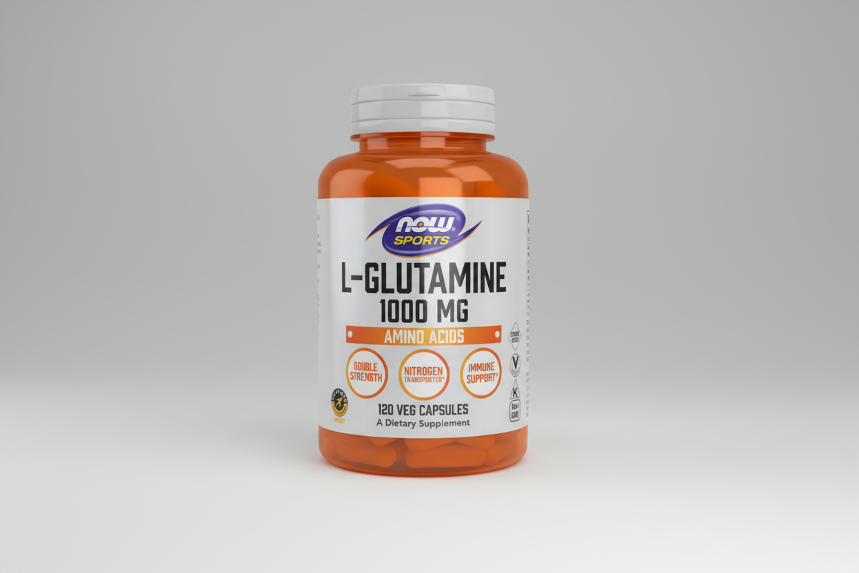 Supplement bottle labeled 'L-Glutamine 1000 MG' by Now Sports on a white background