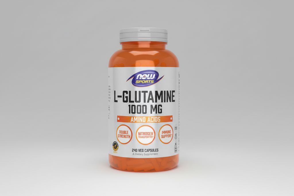 Supplement bottle of L-Glutamine 1000 MG by NOW Sports on a white background