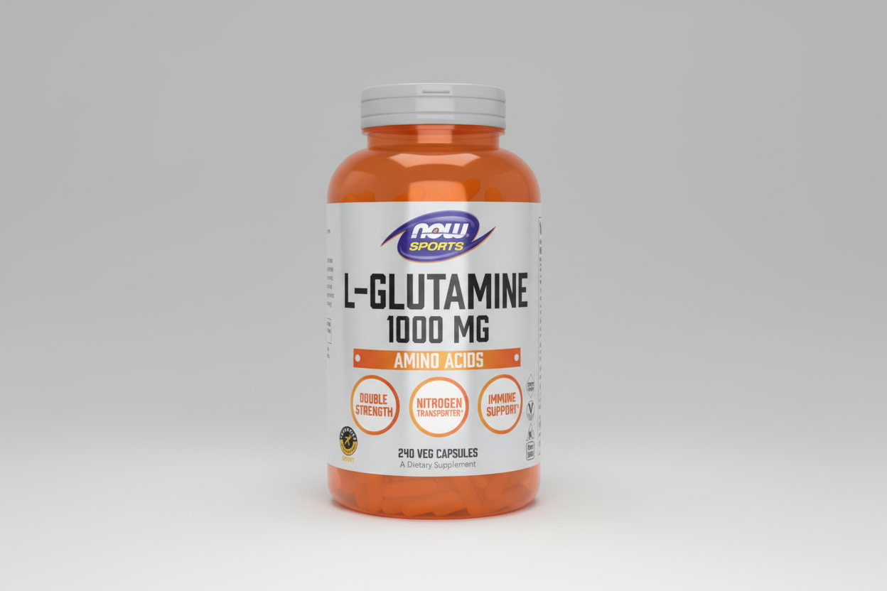 Supplement bottle of L-Glutamine 1000 MG by NOW Sports on a white background