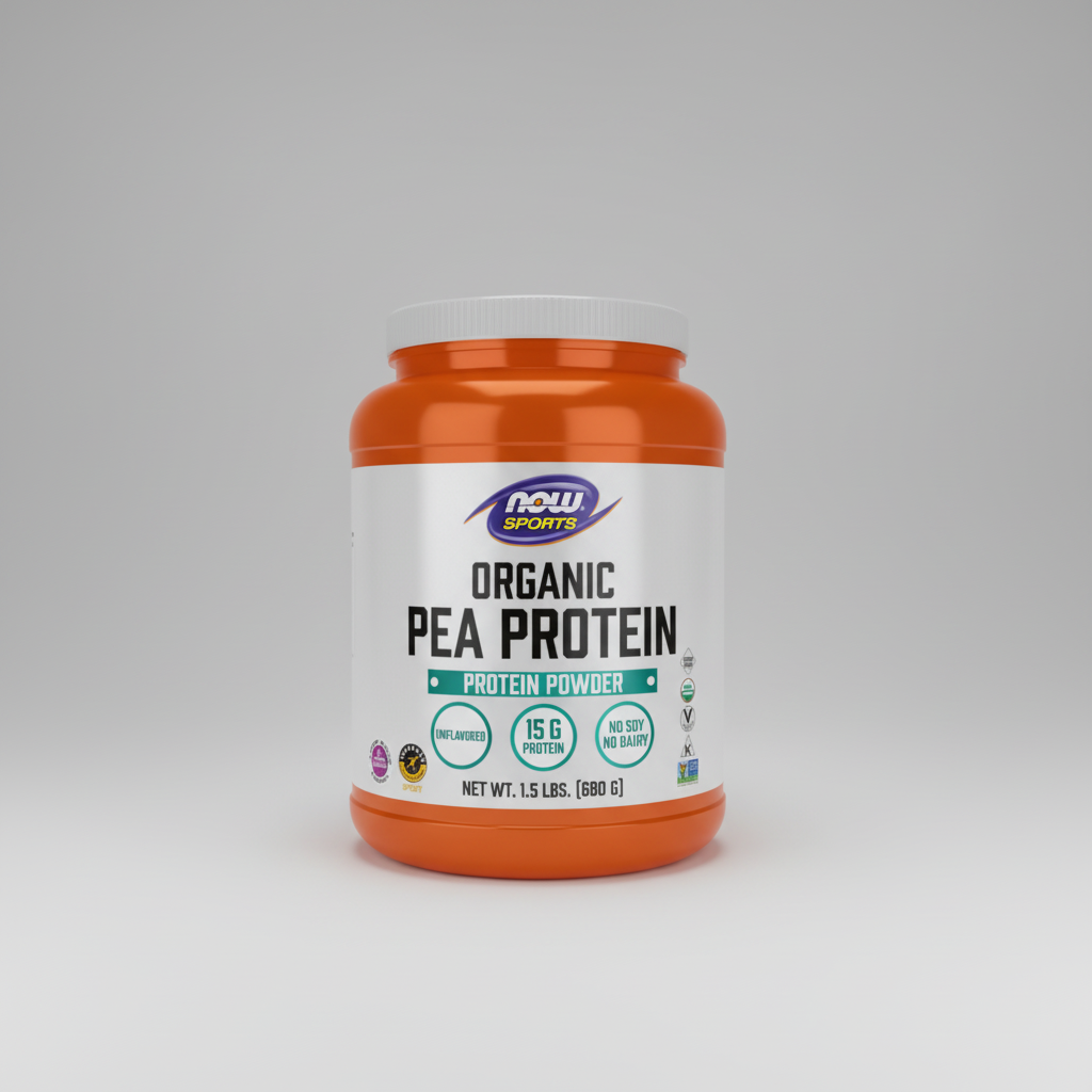 Orange and white container of NOW Sports Organic Pea Protein on a white background