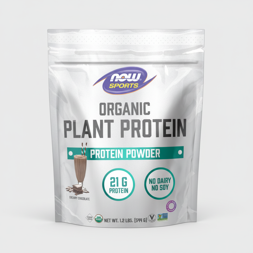Package of NOW Sports Organic Plant Protein Powder on a white background