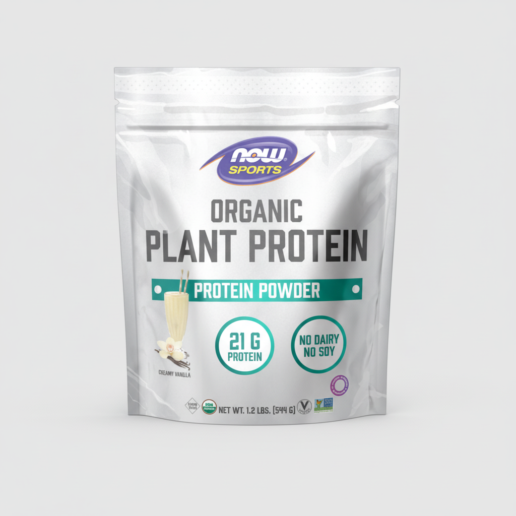 Package of NOW Sports Organic Plant Protein Powder on a white background