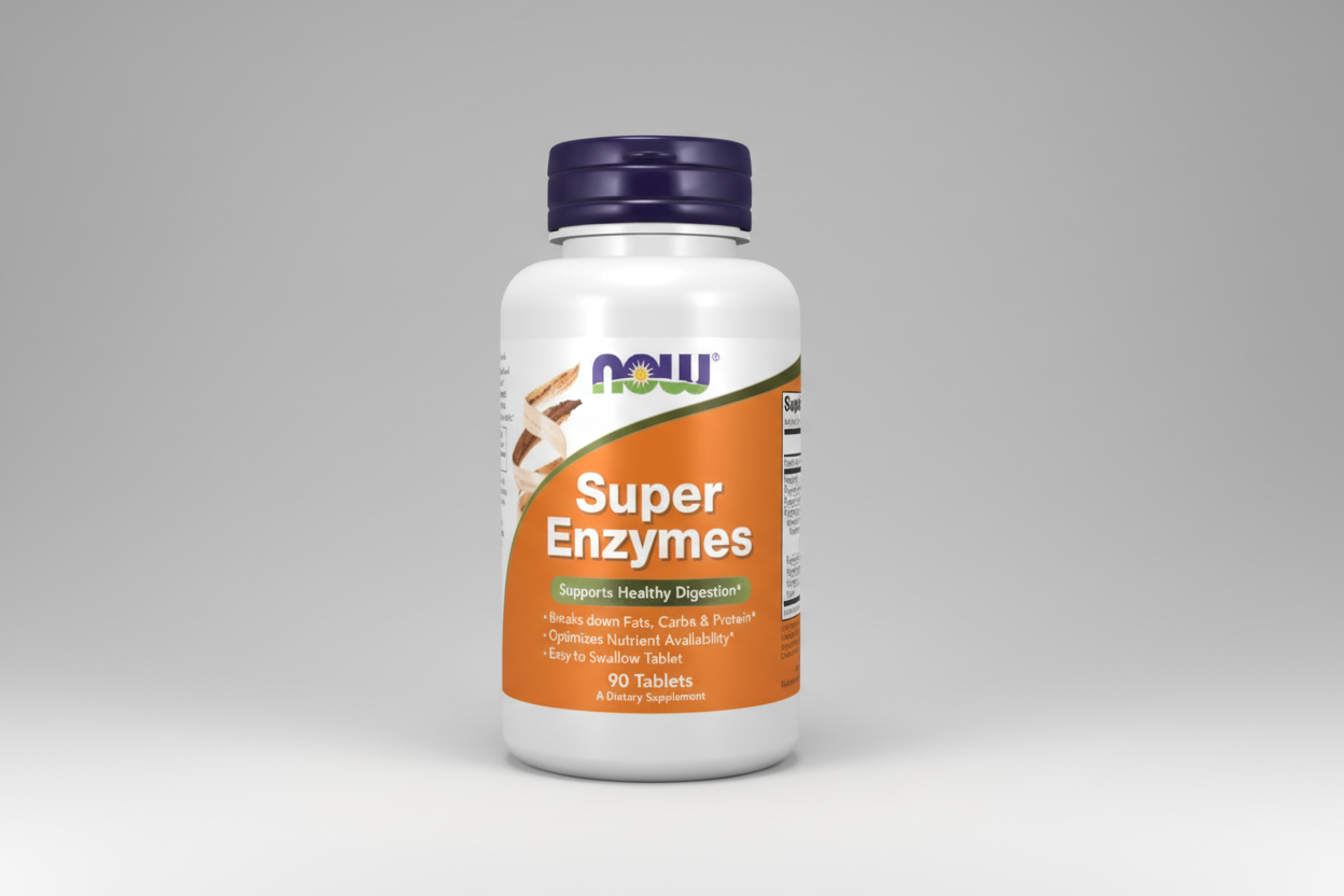 Supplement bottle labeled 'Super Enzymes' by NOW on a white background