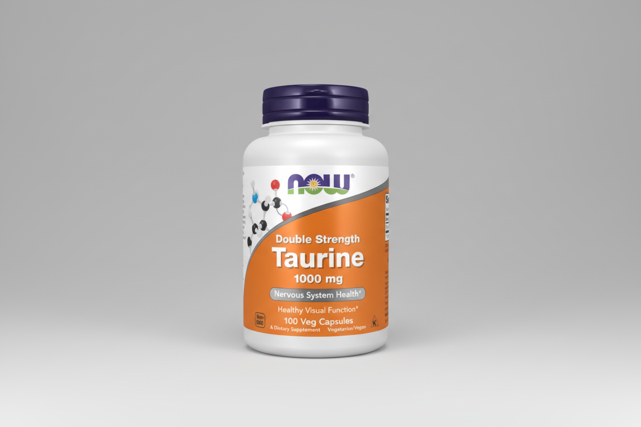 Supplement bottle labeled 'Double Strength Taurine 1000 mg' by NOW on a white background