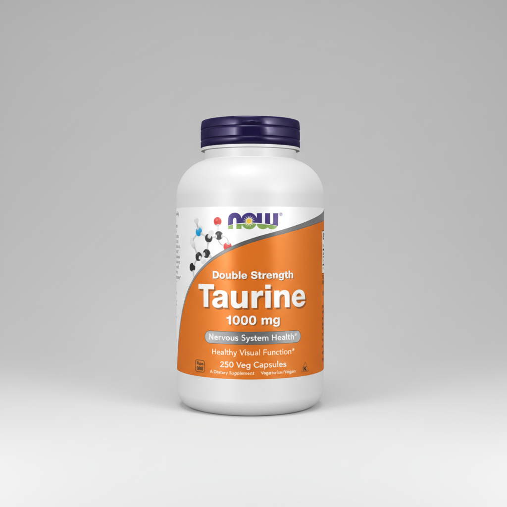 Supplement bottle labeled 'Double Strength Taurine 1000 mg' by NOW on a white background