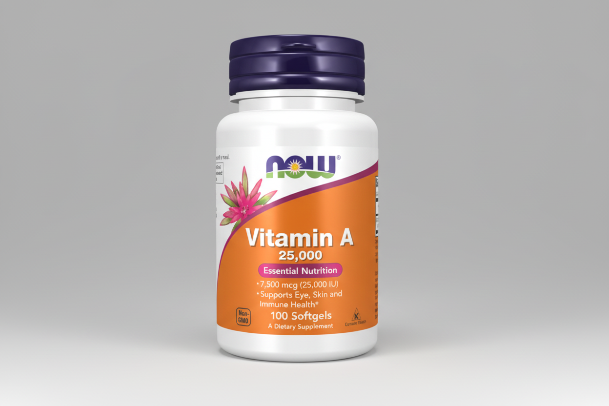 Supplement bottle labeled 'Vitamin A 25,000' with Now brand on a white background