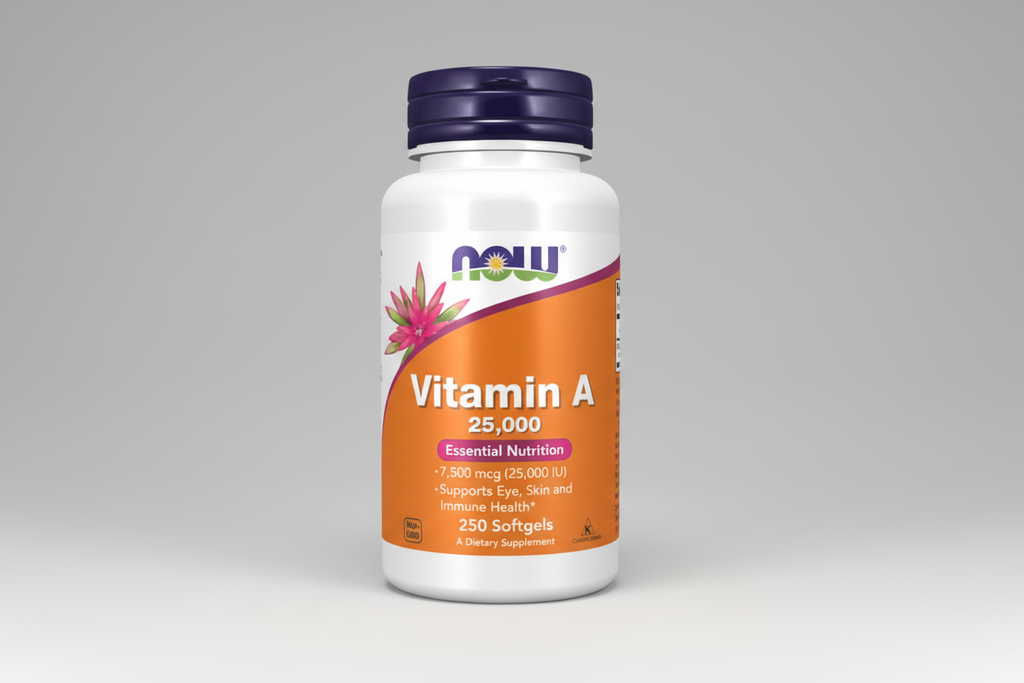 Supplement bottle of Vitamin A 25,000 IU with NOW brand on a white background