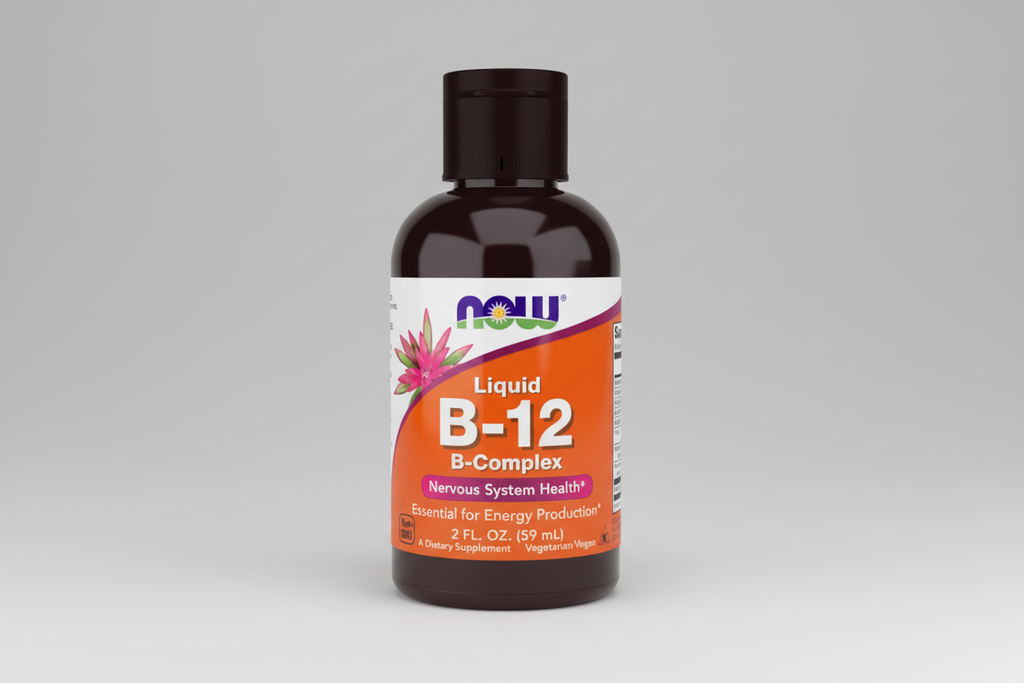 B-12 supplement bottle with NOW brand on a white background