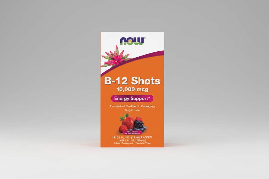 Box of NOW B-12 Shots with berries on an orange background